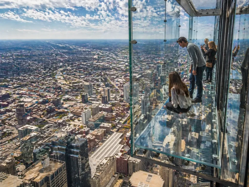 View from Willis Tower Skydeck glass ledge Chicago
