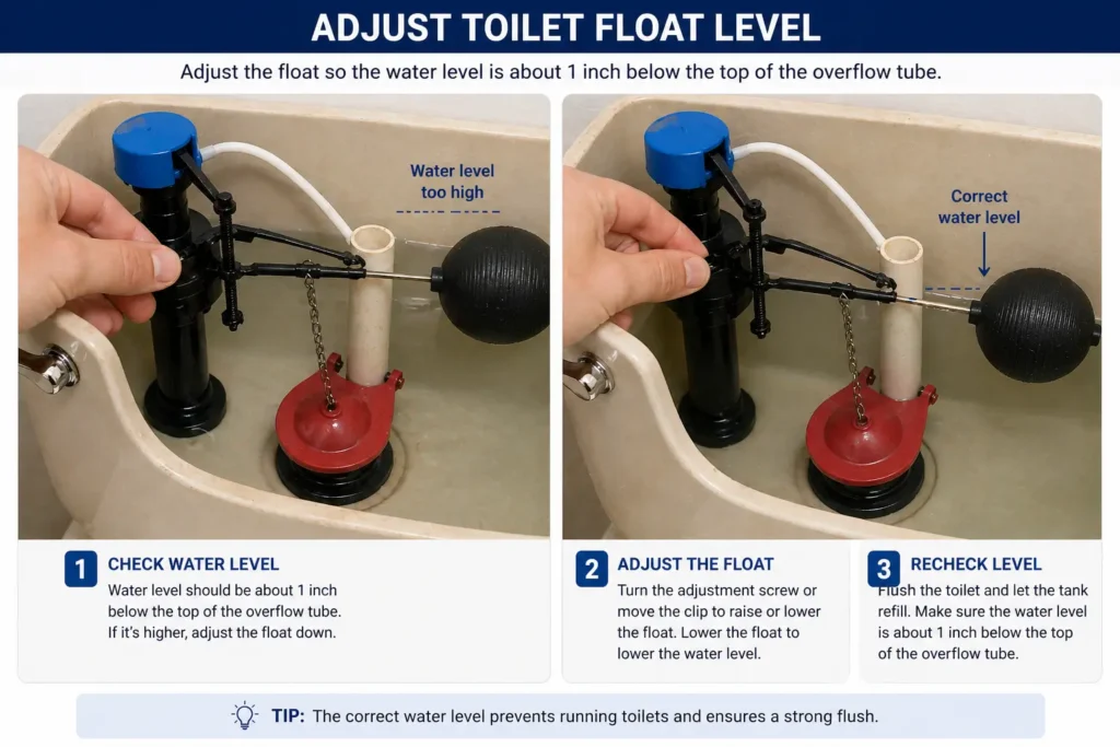 Adjust toilet float to lower water level