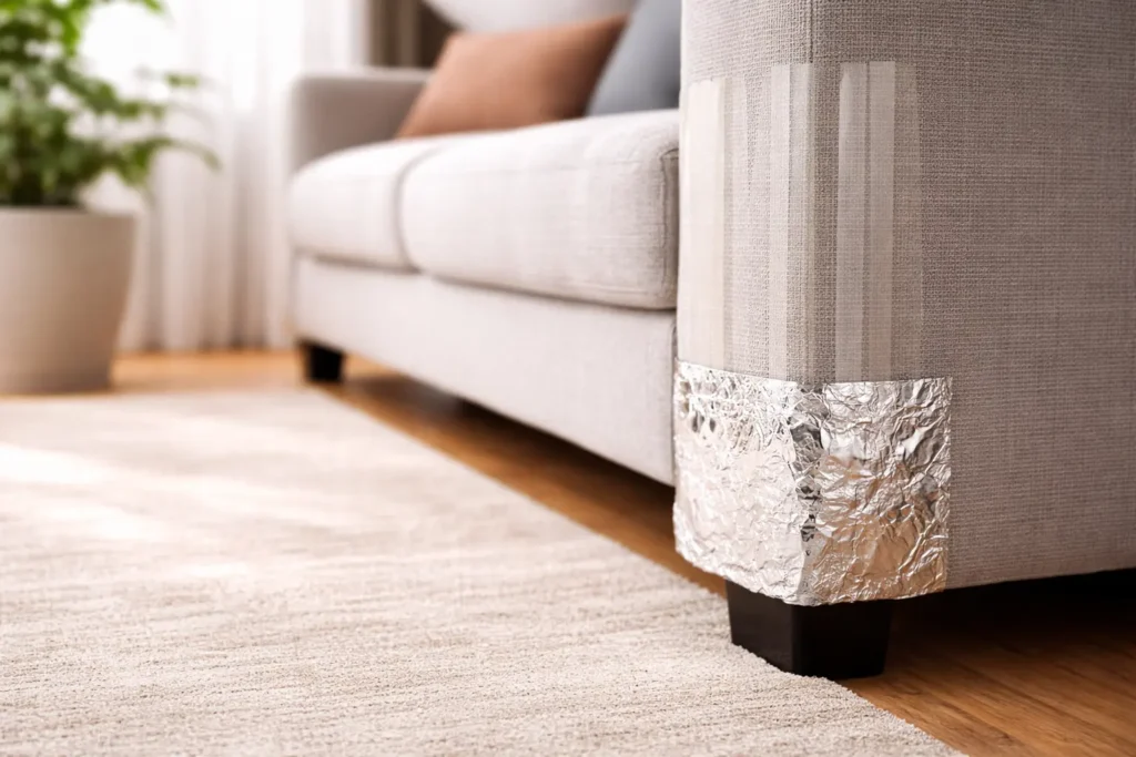 Using tape and foil to stop cats from scratching furniture