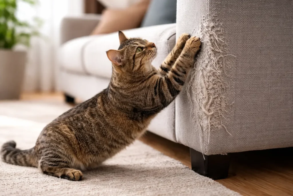 Cat scratching couch furniture causing damage at home