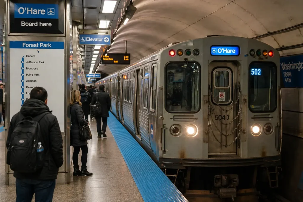 CTA Blue Line train in Chicago transporting passengers from airport