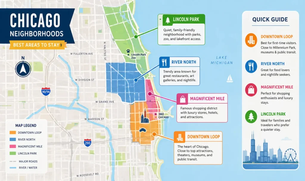 Map of Chicago neighborhoods including Loop River North and Lincoln Park