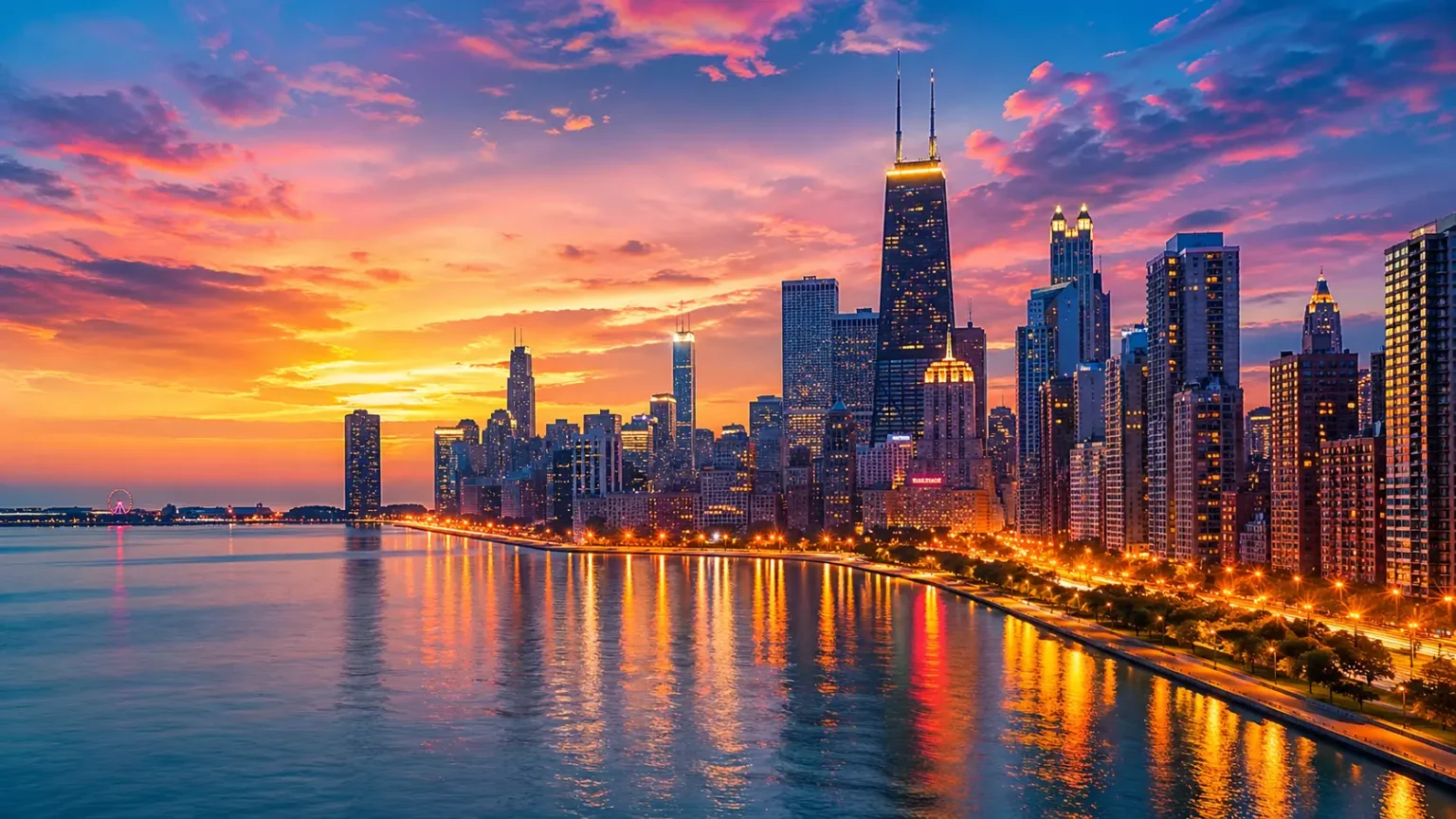 Chicago skyline view with skyscrapers and lake at sunset