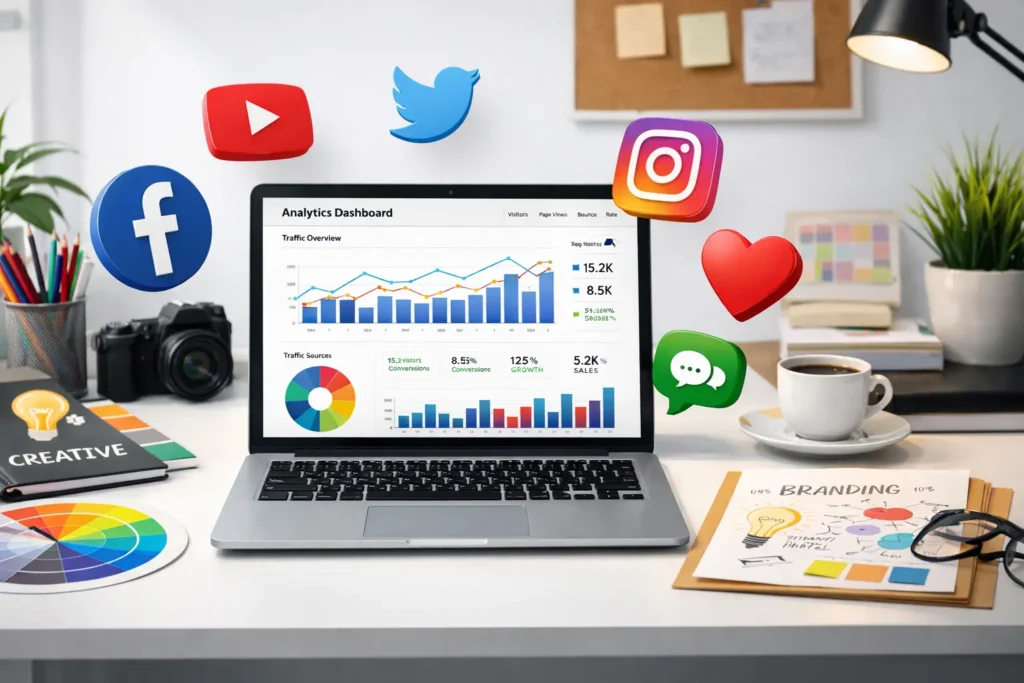 Creative digital marketing strategy with social media and branding elements
