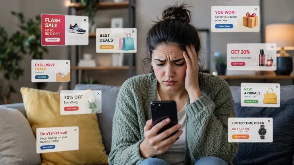 User ignoring multiple online ads due to digital overload