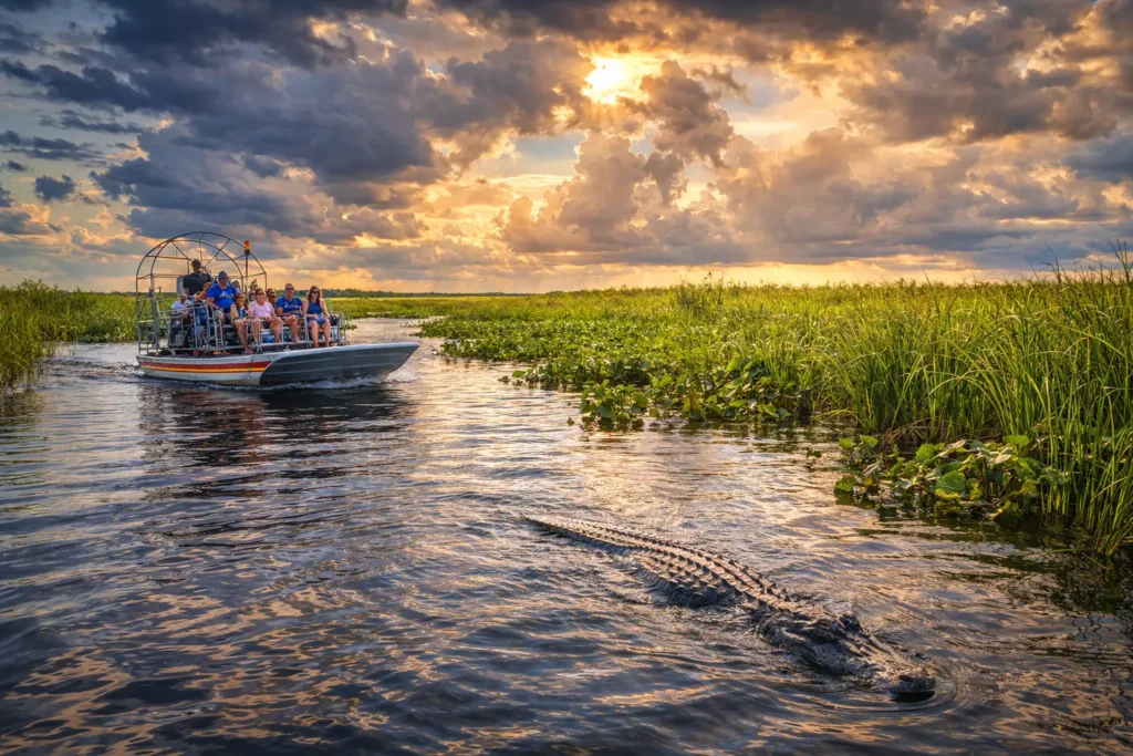 Everglades airboat ride with alligator in natural habitat