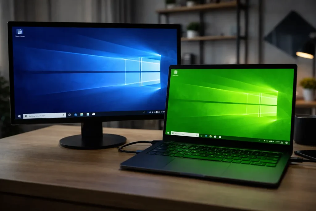 Laptop connected to external monitor for troubleshooting screen issues