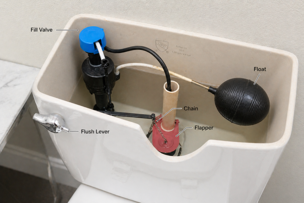 Fix a running toilet by checking flapper chain and float inside tank