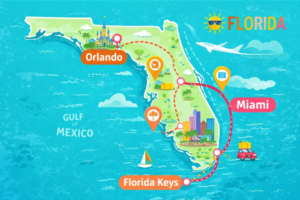Florida travel itinerary map for 5 to 7 days trip