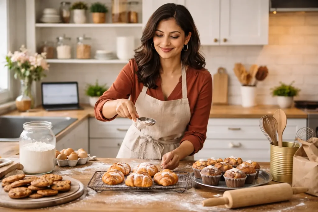Woman running a home-based bakery business from her kitchen
