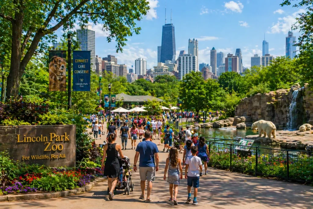 Lincoln Park Zoo Chicago with city skyline background