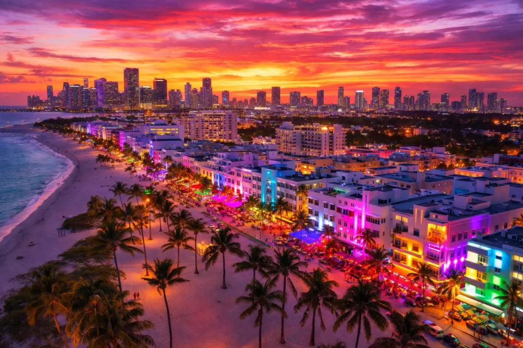 Miami skyline and South Beach nightlife scene