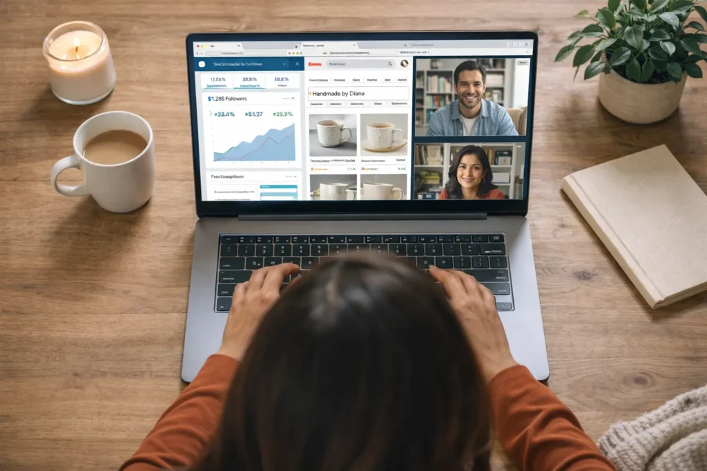Online business ideas for women working from home on laptop