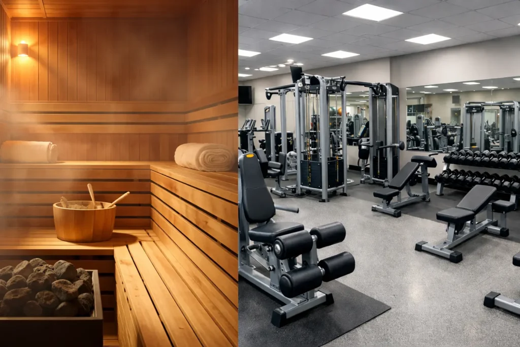 comparison of sauna room and gym without sauna