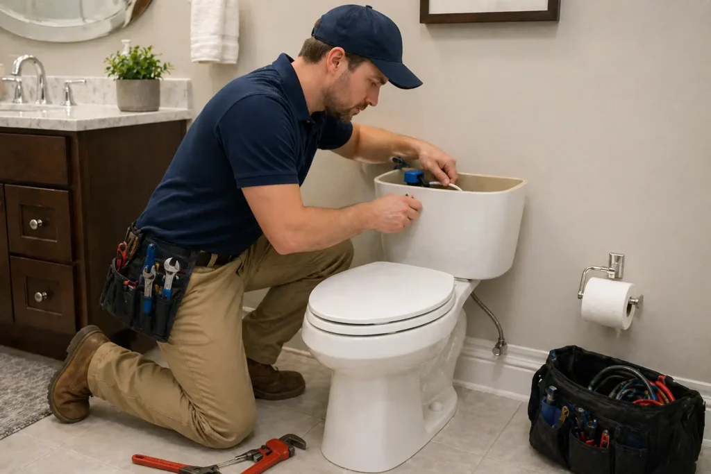 Plumber fixing toilet due to serious issue