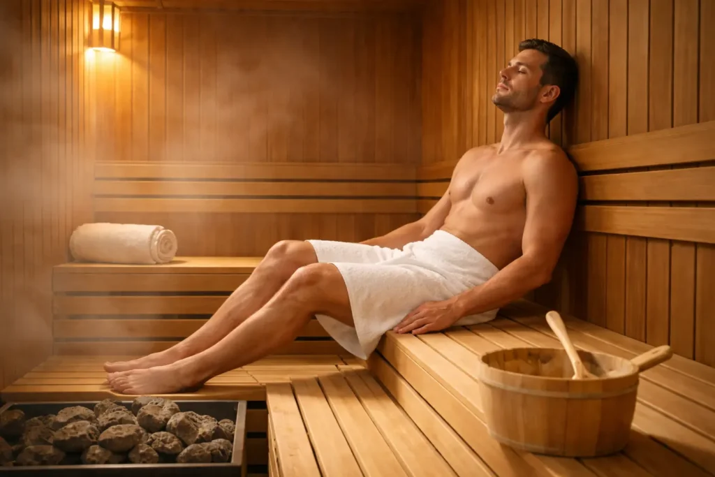 person relaxing in sauna for muscle recovery