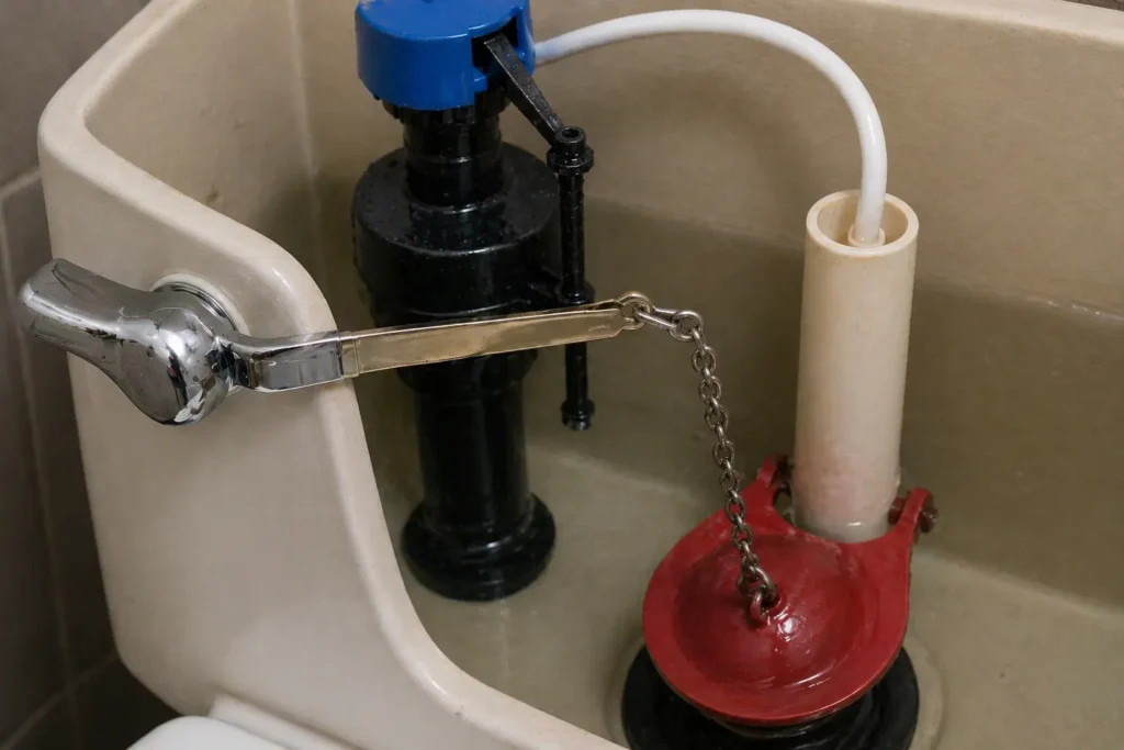 Check toilet handle chain and flapper inside tank