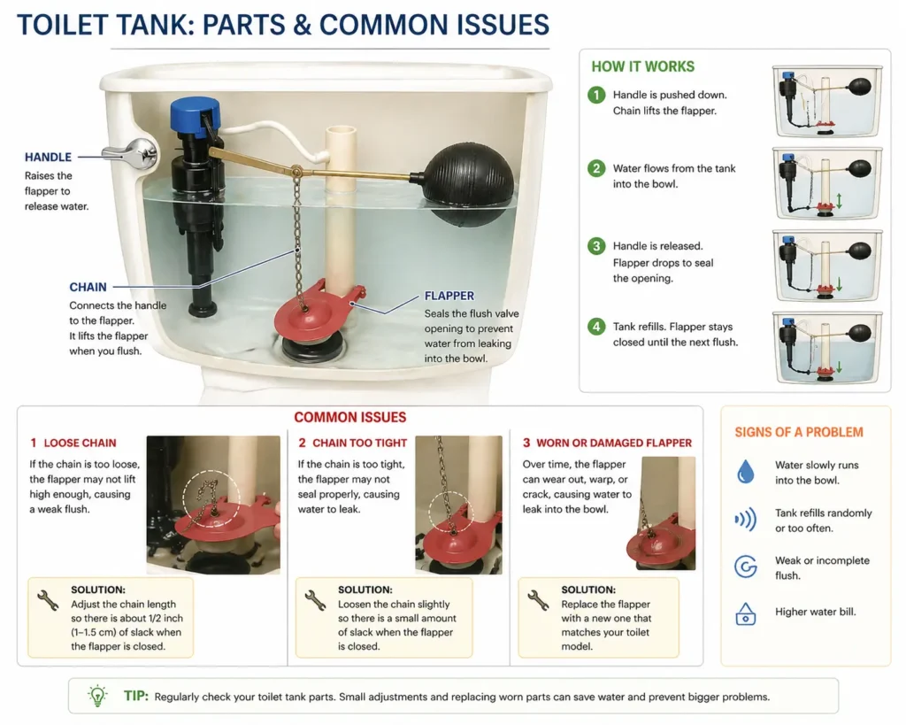 Common causes of a running toilet including flapper and chain issues