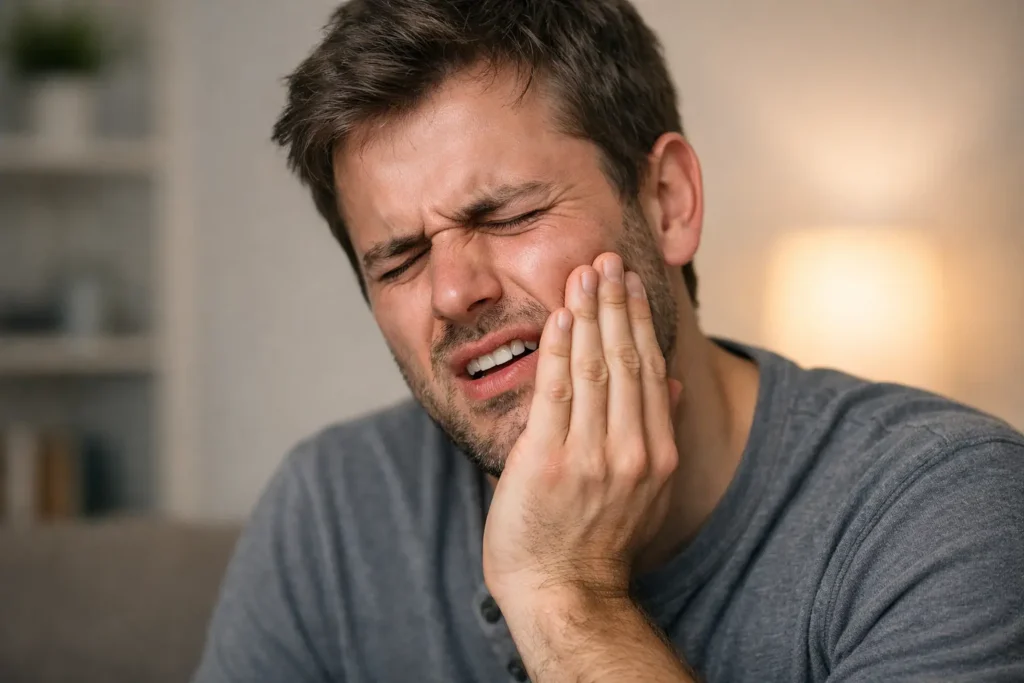 Teeth Infection Home Remedies (Fast Relief When You Can’t See a Dentist) Person experiencing severe tooth infection pain holding cheek at home