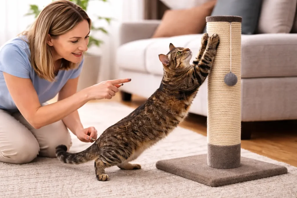 Training cat to use scratching post with reward and guidance