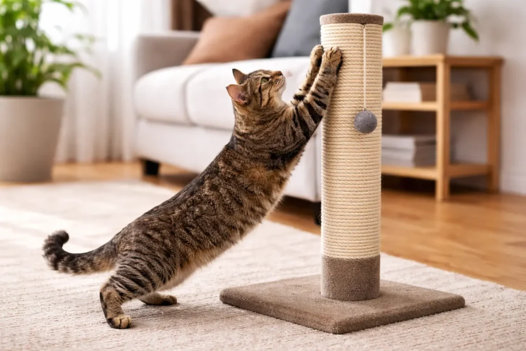 Cat scratching post to maintain claws and mark territory
